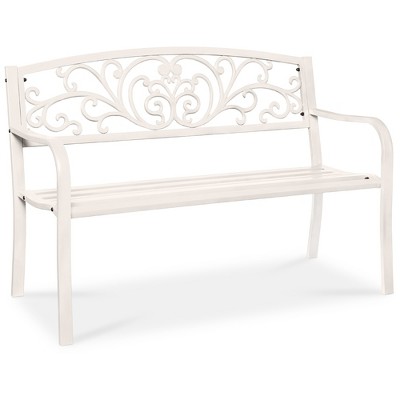 Best Choice Products Outdoor Steel Bench Garden Patio Porch Furniture w/ Floral Design Backrest - White