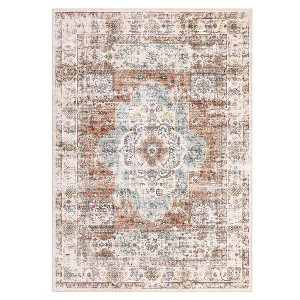 Washable Vintage Rug Non Slip Low Pile Rug Soft Retro Medallion Distressed Throw Floor Cover Foldable Indoor Carpet for Living Room Bedroom Playroom - 1 of 4