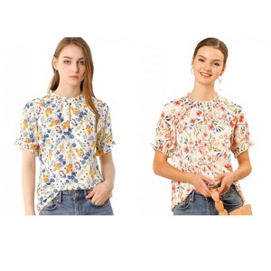 Allegra K Women's Short Sleeve Ruffled Floral Mock Neck Summer Top 2 Pcs - 1 of 4