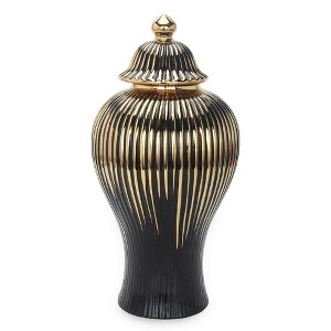 Gulches Black Ceramic Decorative Ginger Jar with Gold Design - 1 of 4