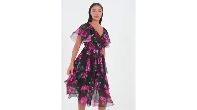 QUIZ Women's Floral Printed Chiffon Glitter Tiered Midi Dress, 2 of 7, play video