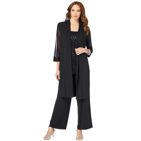 Roaman's Women's Plus Size Three-piece Lace & Sequin Duster Pant Set, 22 W  - Black : Target
