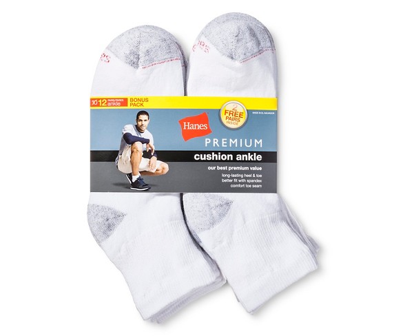 Men's Hanes Premium 10pk +2Free Pair Ankle Sock White 6-12