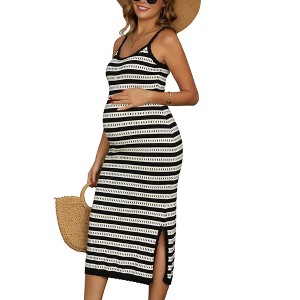 INSPIRE CHIC Women's Maternity Dress Bodycon Striped Long Midi Sleeveless  Cami Knit Casual Fitted Pregnancy Dresses Small Black