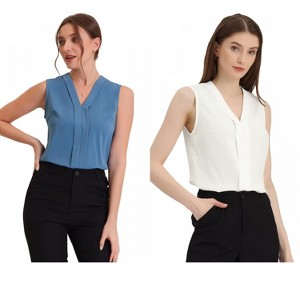 INSPIRE CHIC Women's Pleated V Neck Solid Work Sleeveless Blouse 2 Packs - 1 of 4
