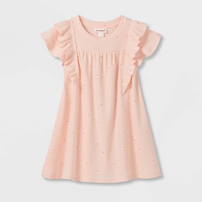 Image of Toddler Girls' Floral Ruffle Ribbed Short Sleeve Dress - Cat & Jack™ Orange 12M