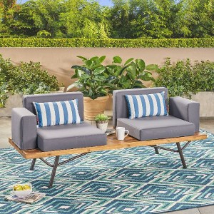 Sapphtopaz Modern 2-Seater Outdoor Patio Sofa, Industrial Acacia Wood Outdoor Sofa with Iron Legs & Plush Cushions, Teak Finish Loveseat Sofa - 1 of 4