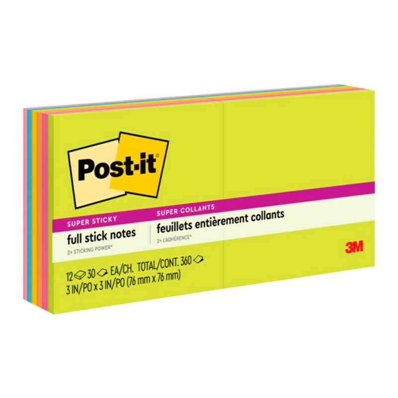 Post-it Full Adhesive Super Sticky Notes, 3 x 3 Inches, Energy Boost Colors, Pad of 25 Sheets, Pack of 12, 1 of 6