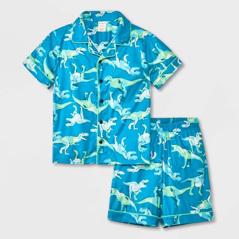 Boys Short Sleeve Button Up Pajama Set Cat Jack Green XL