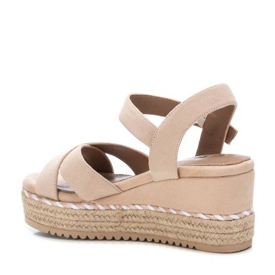 Beige Faux Suede Wedge Sandals with Ankle Strap, Size 9