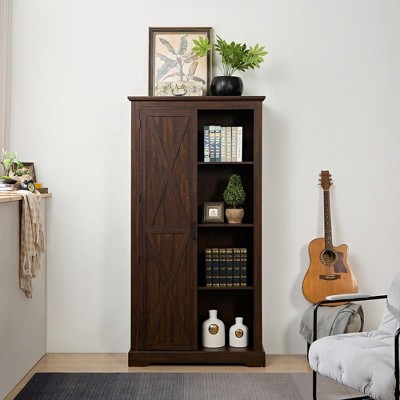Vynxaria Tall Storage Cabinet Barn Door Storage Country Wood Rustic Farmhouse Pantry Cupboard Barn Door Kitchen Organizer