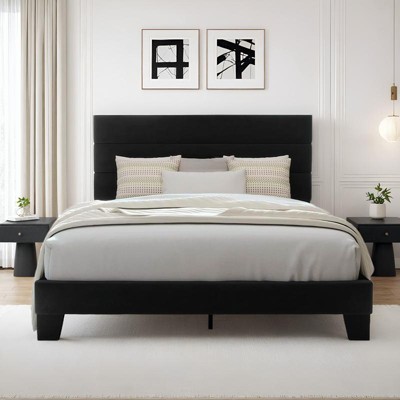 Allewie Platform Bed Frame with Fabric Upholstered Headboard and Wooden Slats Support, Fully Upholstered Mattress Foundation/No Box Spring Needed/Easy Assembly