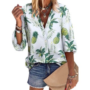 Nlife Women Pineapple Printed Lapel Collar Half Sleeves Buttons Down Blouse Shirt - 1 of 4