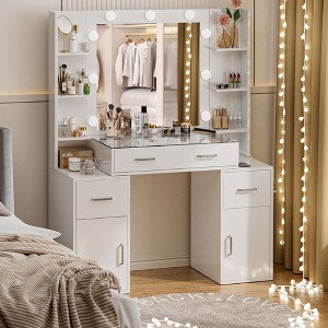 NES Vanity Desk with Lights, Glass Top, Charging Station, Mirror, Nightstand, 3 Lighting Modes, White - 1 of 4