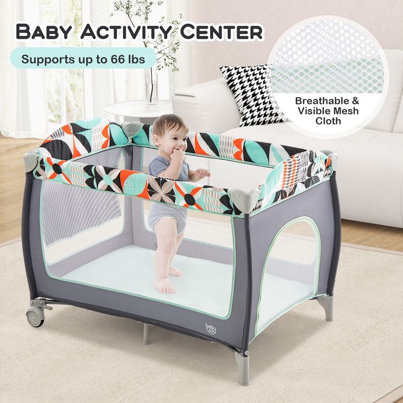 Babyjoy 3 in 1 Baby Playard Portable Infant Nursery Center w/ Zippered Door Pink/Grey/Pink & White/Green, 2 of 11