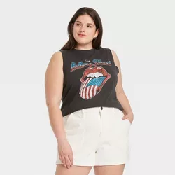 Women's The Rolling Stones Plus Size American Flag Logo Graphic Cropped Tank Top - Black 3X