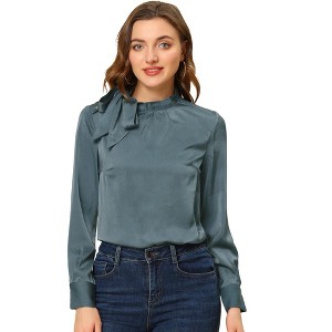 Allegra K Women's Office Elegant Satin Bow Tie Blouses Tops - 1 of 4