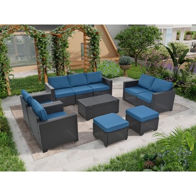 CAVINAS 10-Piece Patio Sofa Set, Rattan Outdoor Patio Conversation Sets with Coffee Table, Modern Outdoor Sectional Furniture for Garden