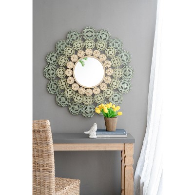 Wooakway 37.8"H Iron Accent Mirror Floral Wall Mirror Novelty Bathroom/Vanity Mirror Green-Yellow