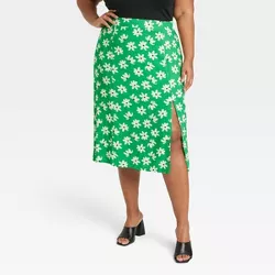Women's Slit Midi A-Line Skirt - Ava & Viv™ Green Floral 4X