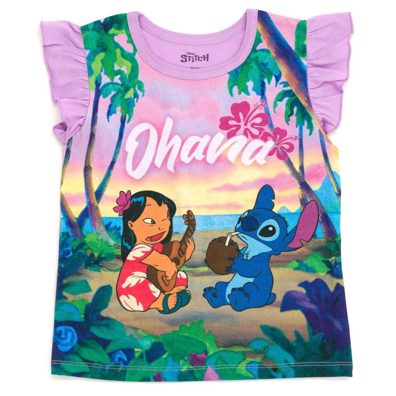 Disney Minnie Mouse Lilo & Stitch Little Mermaid Ariel Floral Girls T-Shirt and French Terry Shorts Outfit Set Little Kid to Big Kid, 2 of 6