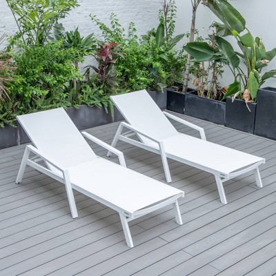 LeisureMod Marlin Patio Chaise Lounge Chair With Armrests in White Aluminum Frame Set of 2