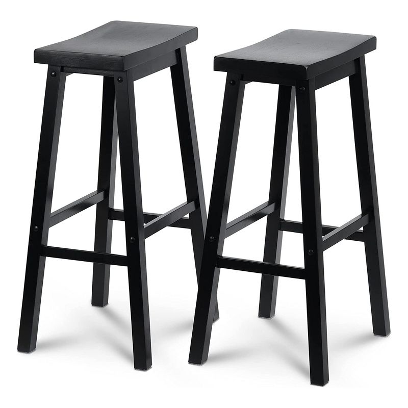 PJ Wood Classic Saddle-Seat 29 Inch Tall Kitchen Counter Stools for Homes, Dining Spaces, and Bars w/ Backless Seats, 4 Square Legs, Black, Set of 2, 1 of 7