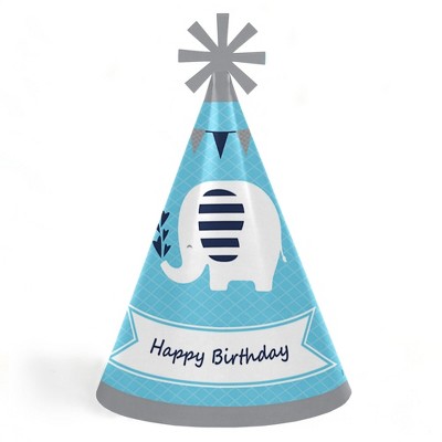 Big Dot of Happiness Blue Elephant - Cone Happy Birthday Party Hats for Kids and Adults - Set of 8 (Standard Size)