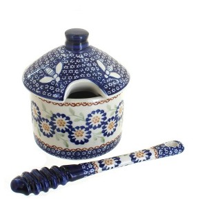 Blue Rose Polish Pottery P057 Manufaktura Honey Pot & Dipper - 1 of 2