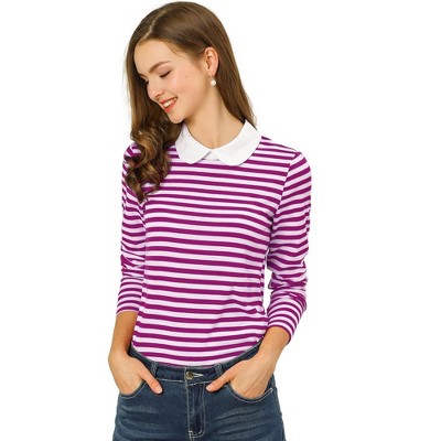 INSPIRE CHIC Women's Long Sleeves Contrast Peter Pan Collar Striped Blouse Top