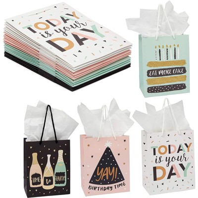 Sparkle and Bash 12 Pack Medium Birthday Party Gift Bags with Tissue Paper & Handles in 4 Colors (8 x 10 in)