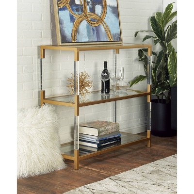 Gold Metal and Acrylic Console Table with Clear Glass Shelves
