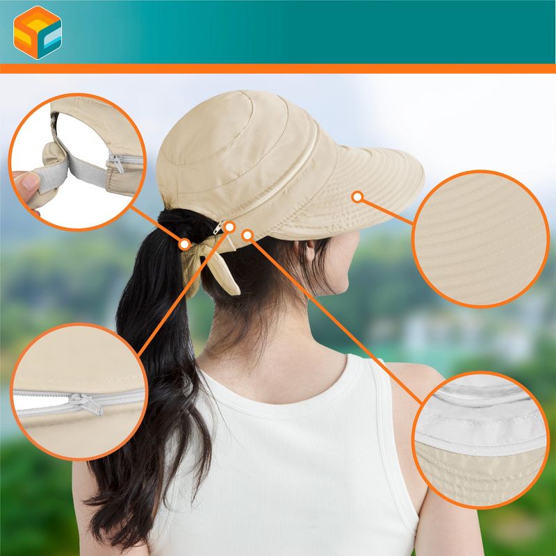 SUN CUBE Women Sun Hat for Outdoor UV Protection, Wide Brim Sun Hat Ponytail, Convertible Zip-Off Beach Hat Visor, 5 of 9
