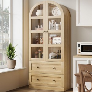 72" Tall Arched Kitchen Pantry Cabinet, Farmhouse Pantry Storage Cabinet with 2 Drawers & Glass Door, Freestanding Versatile Pantry Cabinets - 1 of 4
