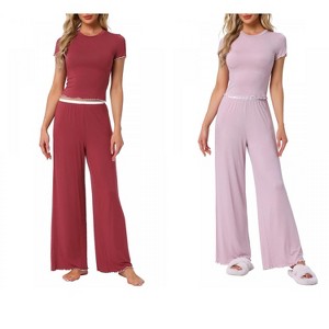 INSPIRE CHIC Women's 2 Pcs Knitted Short Sleeve Top Ruffled Long Wide Leg Pants Pajama Suits - 1 of 4