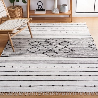 Boho Chic Black and Ivory Striped Kilim 5' x 8' Wool Area Rug