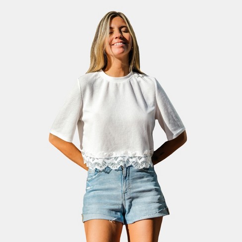 Women's White Round Neck Scalloped Lace Tee - Cupshe-S-White