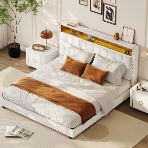 Full Velvet Upholstered Bed Frame with Storage Headboard and Built-in Charging Station, Smart LED Lights - 1 of 4
