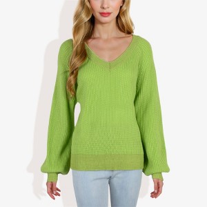 Anna-Kaci Women's V-Neck Long Sleeve Sweater with Ribbed Cuffs - 1 of 4