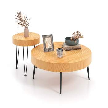 Costway Round Coffee Table Set of 2 End Table Natural Finish for Living Room