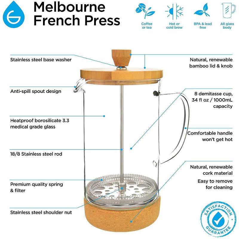 GROSCHE MELBOURNE Eco Friendly French Press Coffee Maker with Bamboo Cork, 34 fl oz. Capacity, 4 of 11
