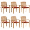 vidaXL Stacking Patio Chairs Set - 6 pcs Teak Wood Garden Chairs with Cushions, Red - Weather-Resistant Outdoor Furniture - Easy Storage - 2 of 4