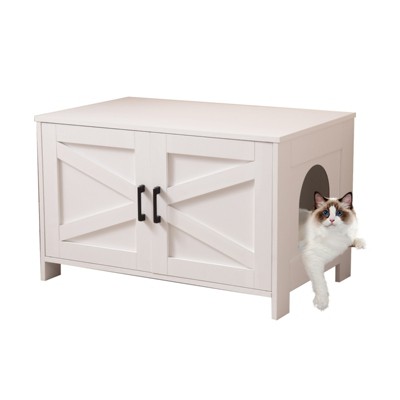 VisioGear Cat Litter Box Enclosure, Litter Box Furniture Hidden with Barn Door, Wooden Cat House, End Table, White, 31.5"*19.7"*19.7"