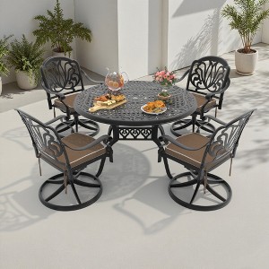 5-Piece Round Cast Aluminum Patio Set with Swivel Chairs,Brown Cushions,and Umbrella Hole - 1 of 4