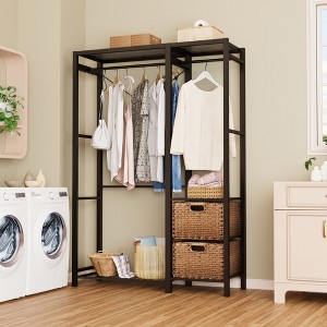 CAVINAS Wood Freestanding Coat Racks with Shelves and 2 Wicker Drawers,Hall Tree with 4 Hooks,Entryway Furniture for Hanging Clothes,Vintage Brown - 1 of 4