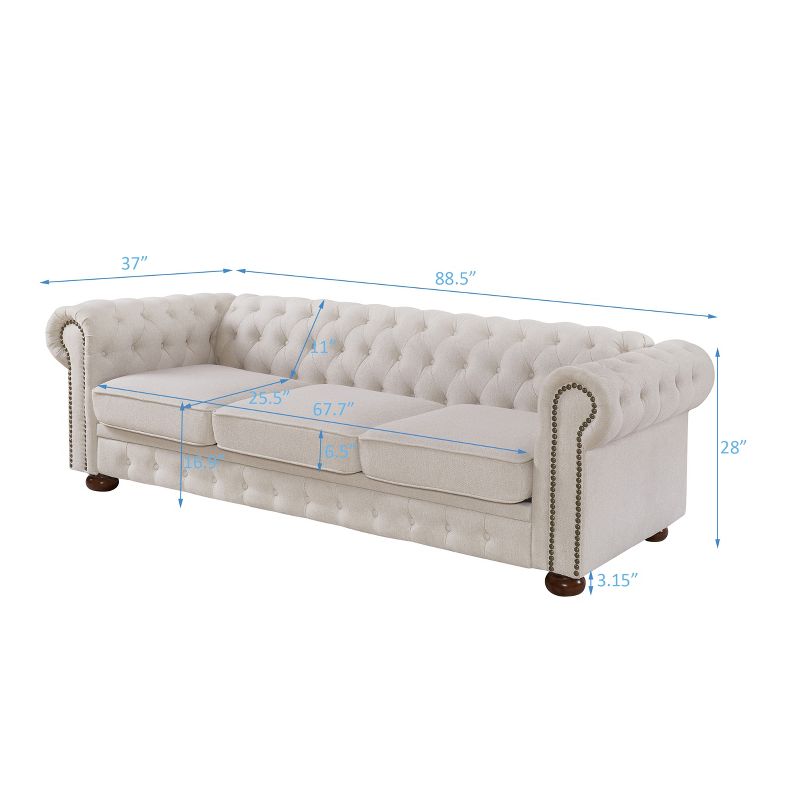 Chesterfield Linen Tufted Nailhead Upholstered Sofa with Wooden Legs - ModernLuxe, 5 of 12