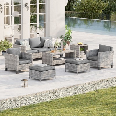 Sonkuki 7-Piece Patio Conversation Set Outdoor Wicker Rattan Furniture Set with Coffee and Side Table, Ottoman and Cushion