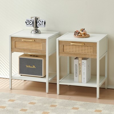1 PC/2 PCS 15.74" Rattan End Table/Side Table with Drawer, Modern Nightstand with Metal Legs 4W - ModernLuxe