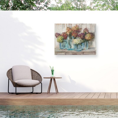 "Hydrangeas In Glass Jars White Wood" Outdoor Canvas
