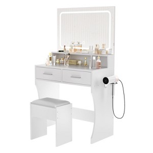 Vanity Desk with LED Mirror, Small Makeup Vanity Set with 2 Drawers, Cushioned Stool & 3 Light Modes, Modern Dressing Table for Bedroom - 1 of 4